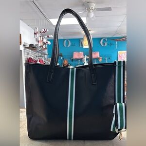 Black Tote Bag with Green Stripe and shoulder strap Aspen Lane